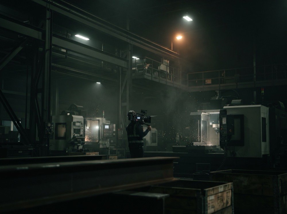 Camarógrafo grabando maquinaria en una planta industrial de noche